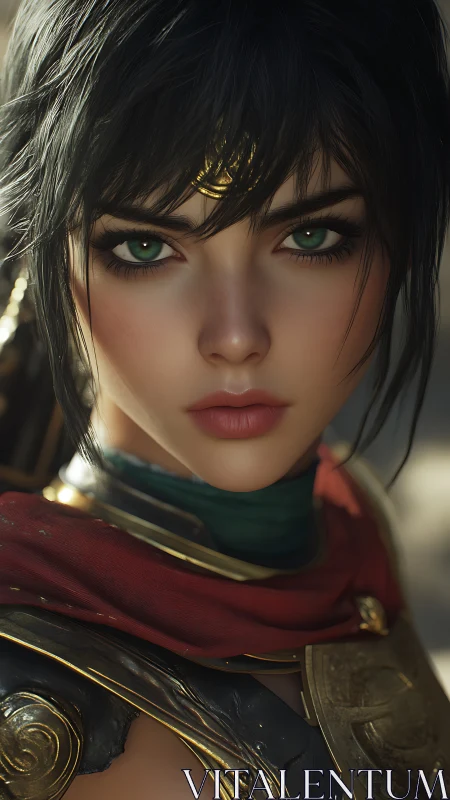 Stoic emerald-eyed warrior in ornate golden armor portrait.