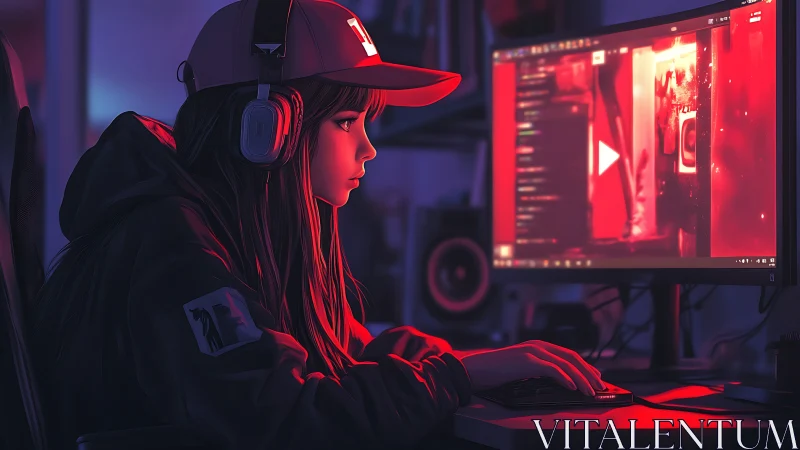 Focused gamer streams content under neon red glow.
