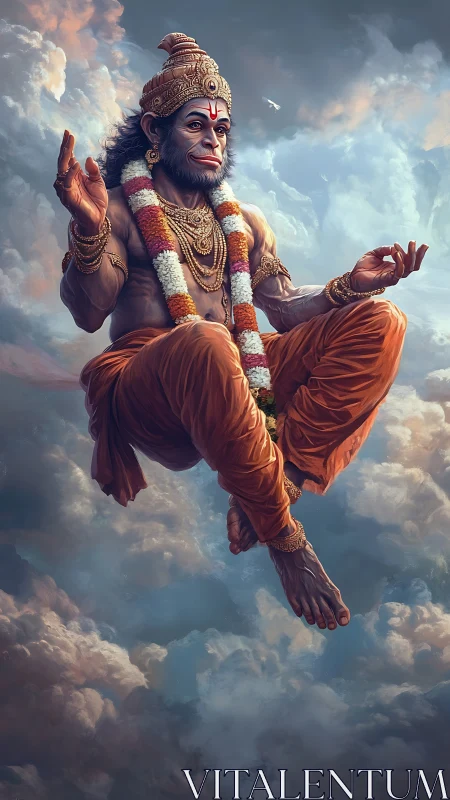 Graceful divine monkey figure rests calmly in glowing clouds