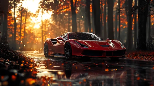 Red supercar cuts through reflective autumn forest road.