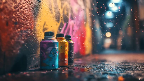 Urban alley spray paint bottles with shallow depth of field