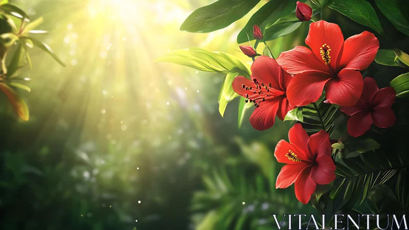 Crimson Hibiscus Dance in Golden Sunlight.