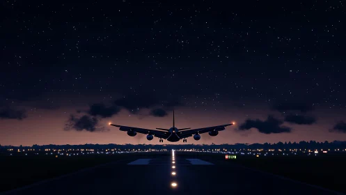 Jet airliner descends onto starlit runway at night.