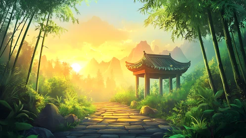 Sunlit bamboo path leads toward traditional pavilion at dawn