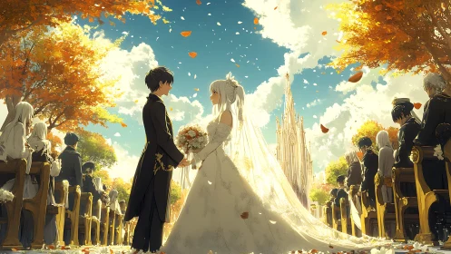 Sunlit autumn aisle where anime vows drift on golden air.