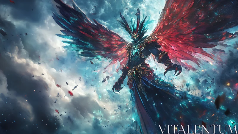 Epic celestial warlord with prismatic wings, digital painting.