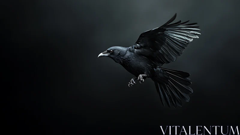Corvid in Flight: High-Contrast Photorealistic Study of Airborne Raven.