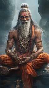 Mystic sage in orange robes meditating on rocky ledge.