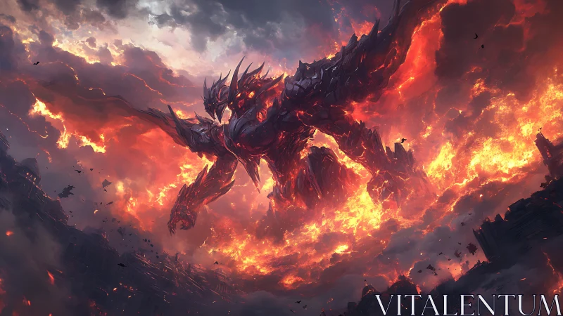 Fiery titan strides through stormlit sky of blazing ruin.