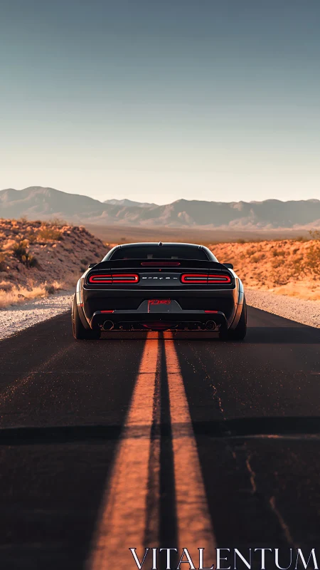 Black muscle car accelerates on empty desert highway