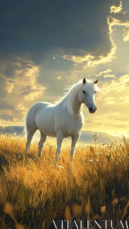 Sunlit white horse in tall golden grass at dramatic dusk sky