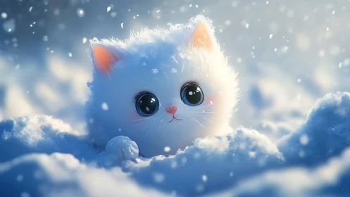 White fluffy cat with large blue eyes floating among clouds and snowflakes