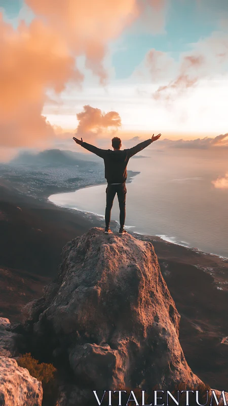 Joyful hiker embracing a glowing coastal mountain sunrise.