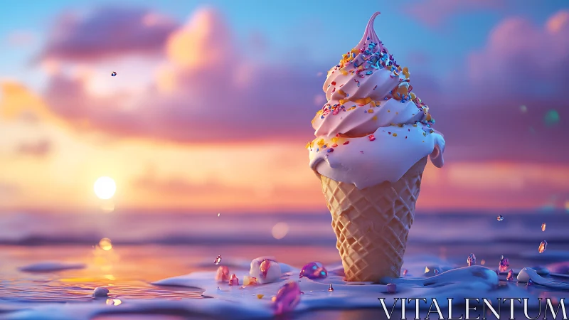 Ice cream cone stands in shallow melting pool at seashore