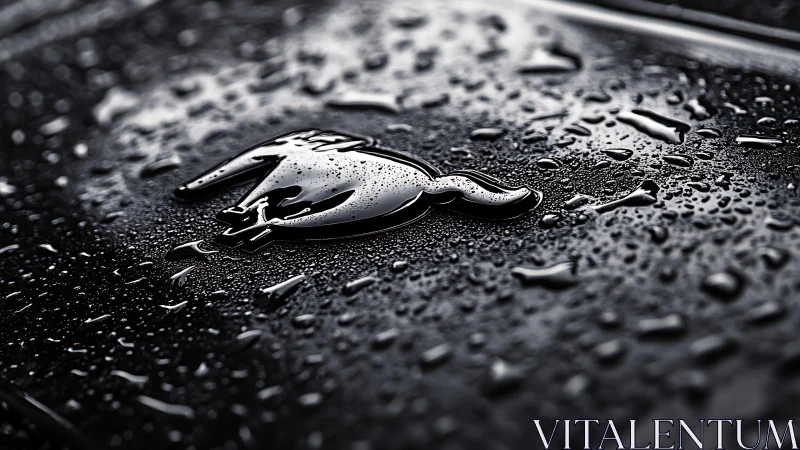 Chrome horse emblem shines across rain soaked car hood