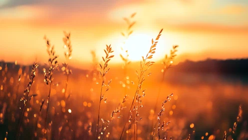 Golden meadow grasses glow warmly in the setting sun