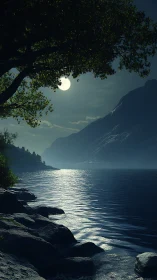 Moonlit lake hush beneath a leaning dream-tree canopy.