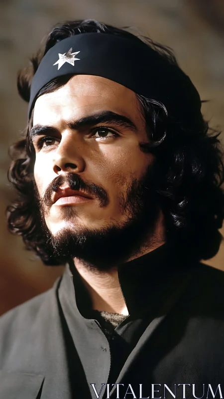 Bearded man in dark attire gazes upward in dramatic light