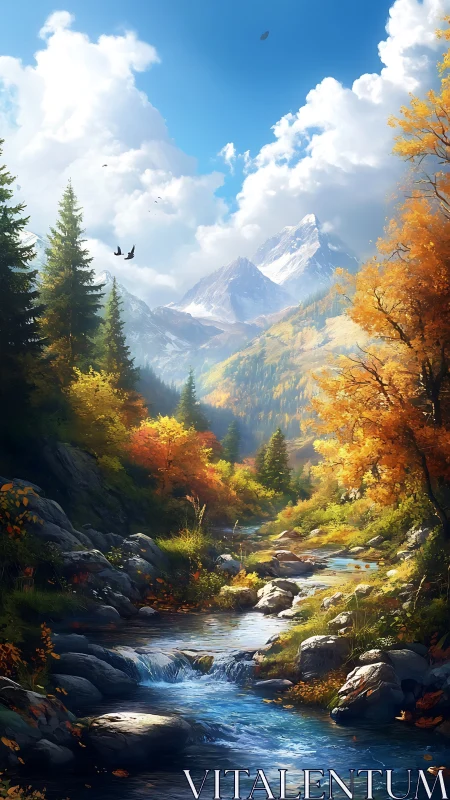 Mountain stream flows through autumn valley beneath clouds