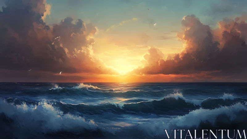 Sun sets over open ocean with dense clouds and waves