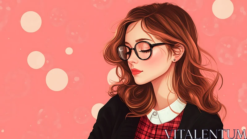 Vector portrait of introspective woman with glasses on coral.