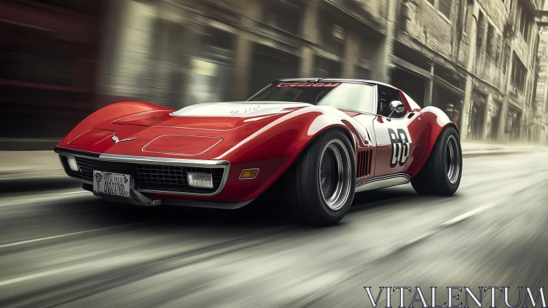 Widebody race-prepped classic sports car accelerates through city street