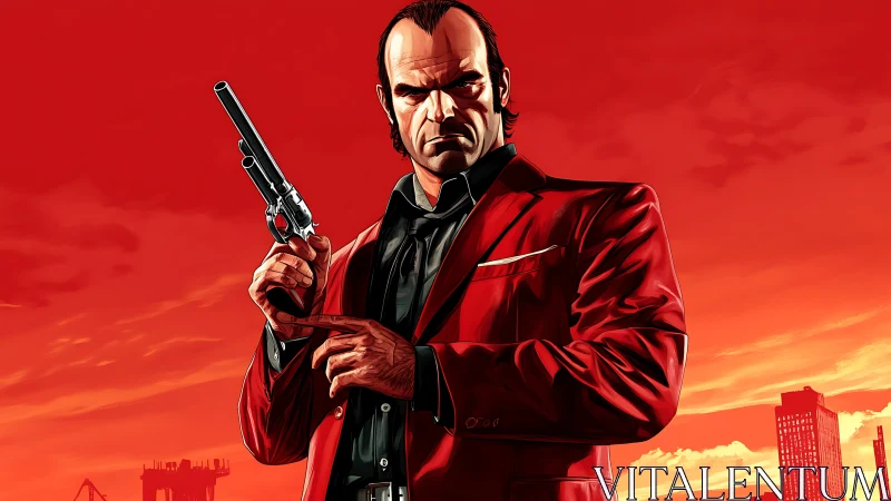 Scarlet-suited outlaw squares off beneath a burning sky.