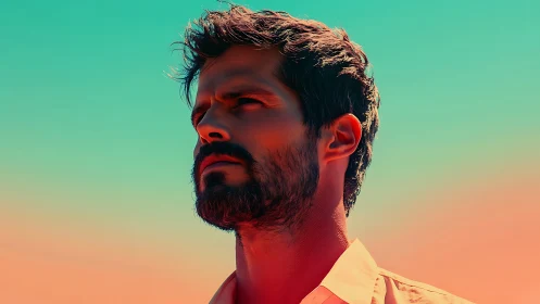 Bearded man portrait under stylized teal and orange sky