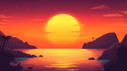 Radiant tropical sunset bathes quiet bay in glowing light.