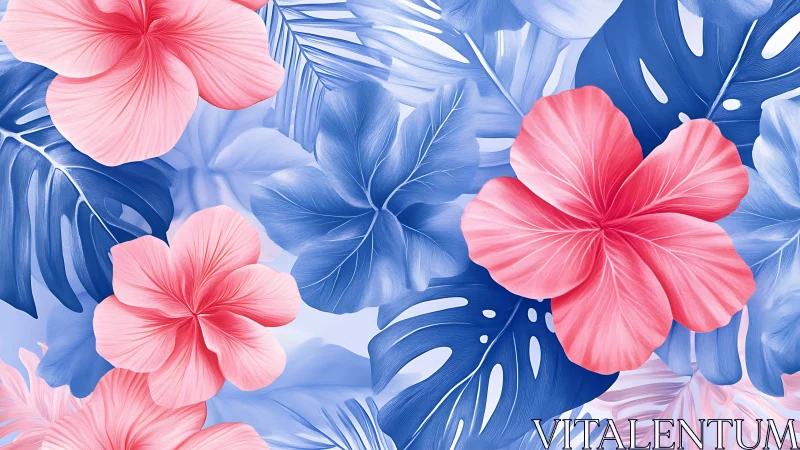 Pink Hibiscus Blooms Among Blue Tropical Foliage Composition