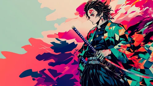 Anime warrior portrait with prismatic cloak and dynamic bokeh field.