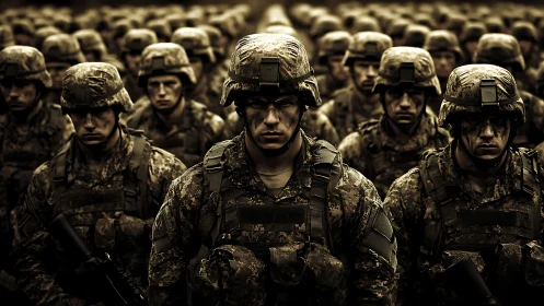 Soldiers stand in dense formation under harsh dramatic light