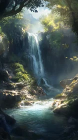 Lush forest waterfall cascading into crystalline blue pool.