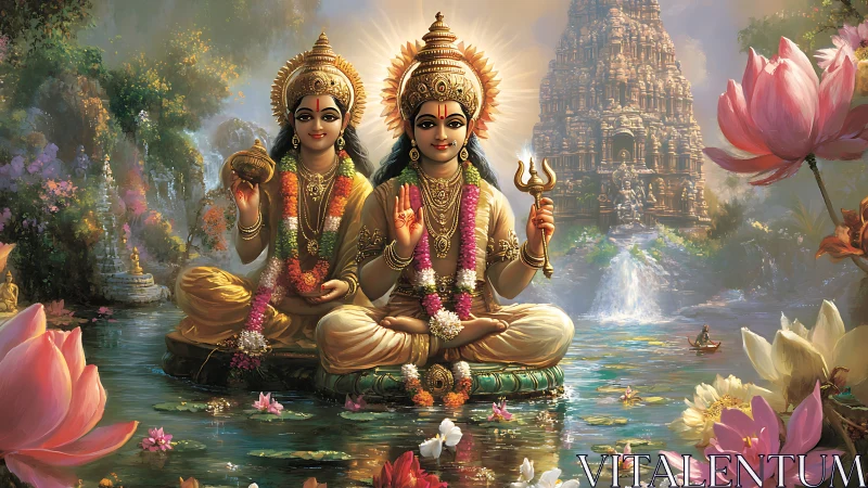 Dual Hindu deities seated on lotus pads amid temple water garden
