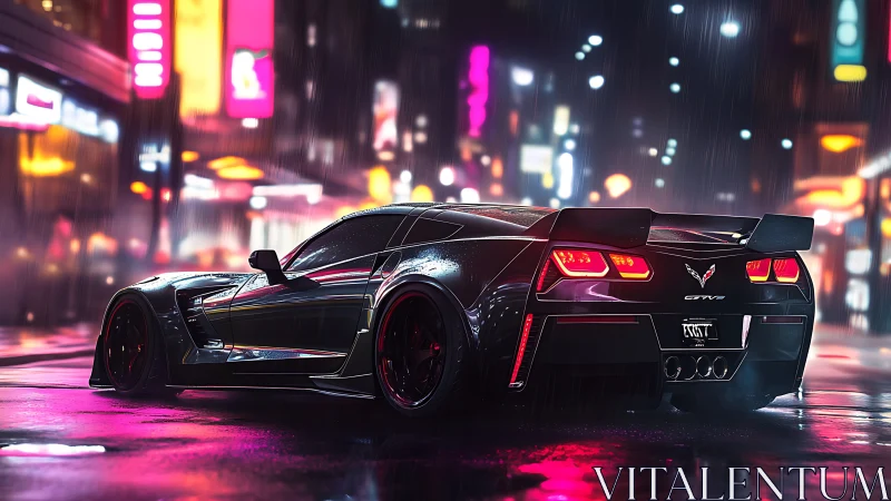 Black sports coupe on wet neon city street at night period