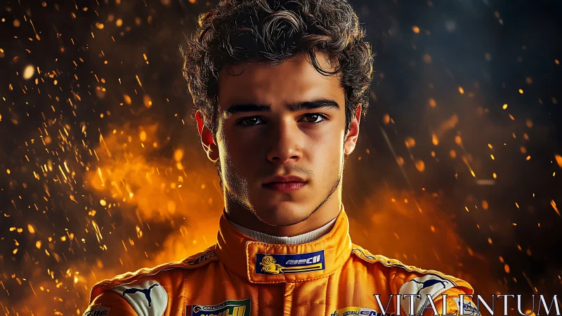 Portrait depicts young driver in orange racing suit frontally