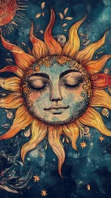 Celestial sun goddess portrait in teal and burnished gold.