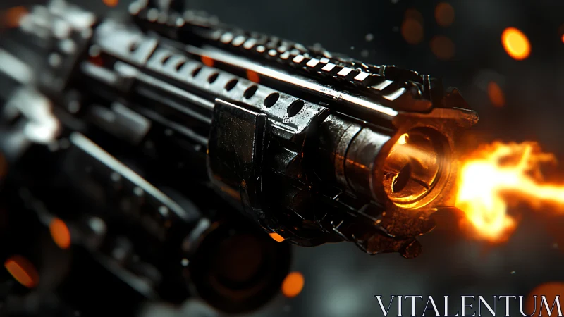Futuristic rifle muzzle blast in cinematic close-up view.