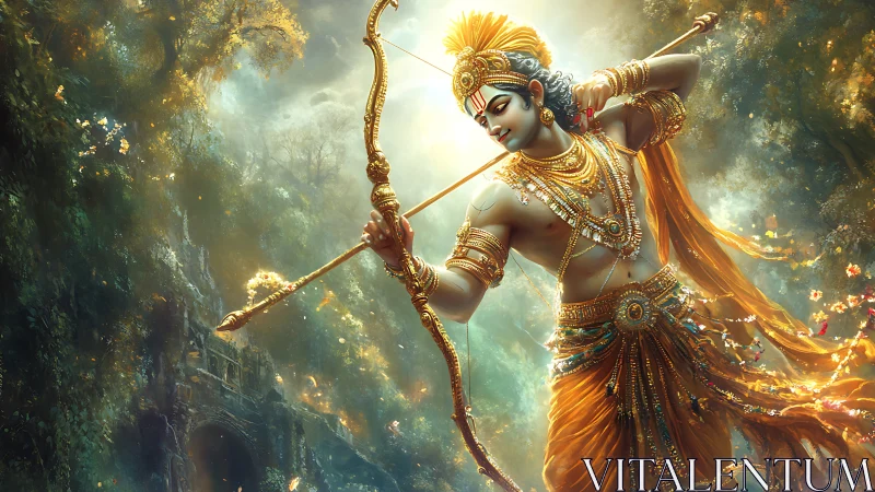 Divine archer in ornate gold attire drawing bow in forest