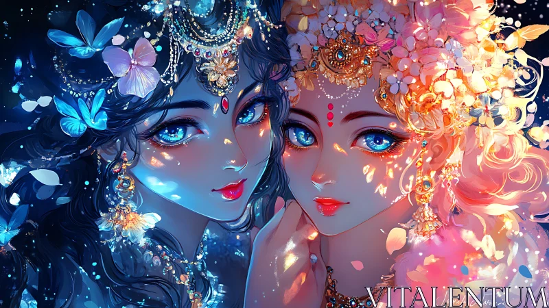 Twin elemental goddesses share luminous blue, gold gazes.