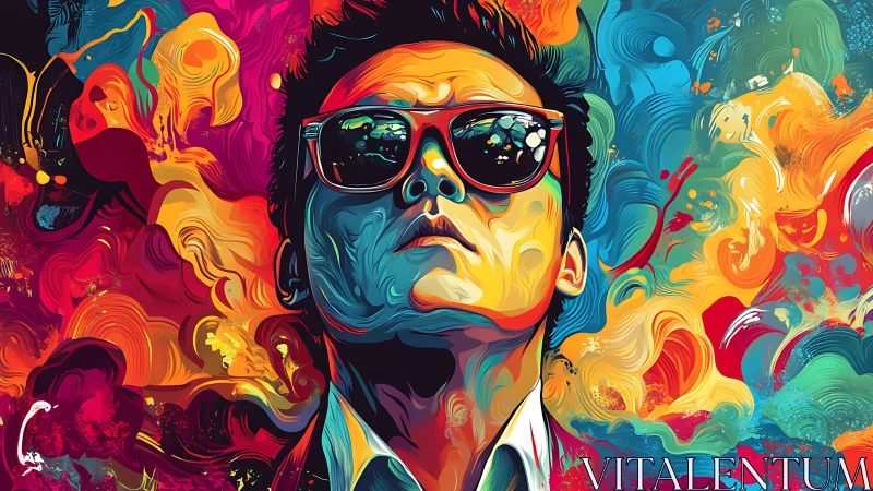 Bold portrait in swirling rainbow colors and confident light.