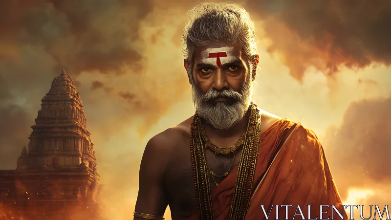 Elderly Hindu sage in saffron robes under dramatic temple sky