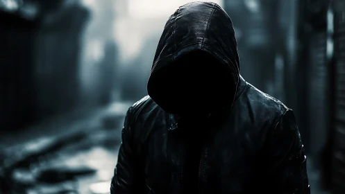 Hooded figure in a rainy alley, caught between light and shadow.