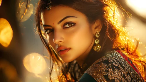 Portrait of woman in traditional attire with warm backlight.