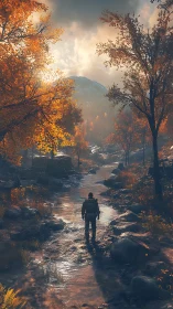Solitary hiker on wet forest path below distant mountain.