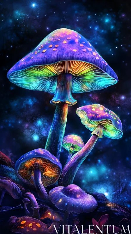 Bioluminescent neon mushrooms under deep cosmic night sky