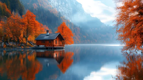 Lakeside wooden cabin amid autumn forest and mountains.