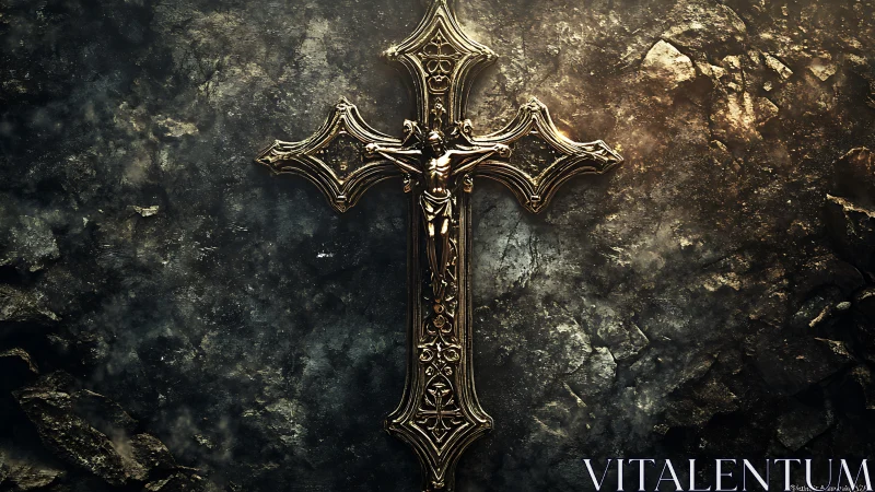 Gilded crucifix relief against textured stone wall backdrop.