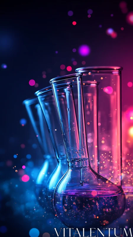 Neon laboratory glassware lineup in vibrant digital painting style.