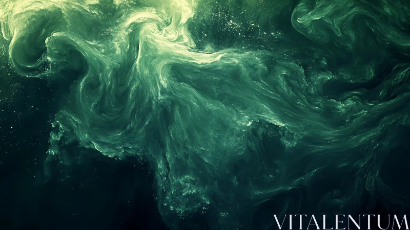 Emerald turbulent nebula flow with luminous particulate currents